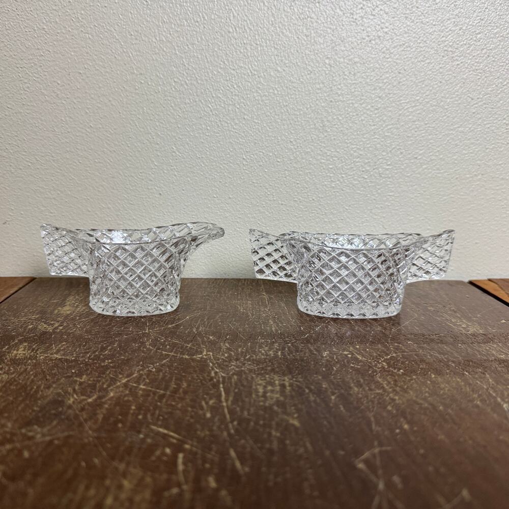 Vintage Japan clear Pressed glass cubist pattern small‎ sugar & creamer set